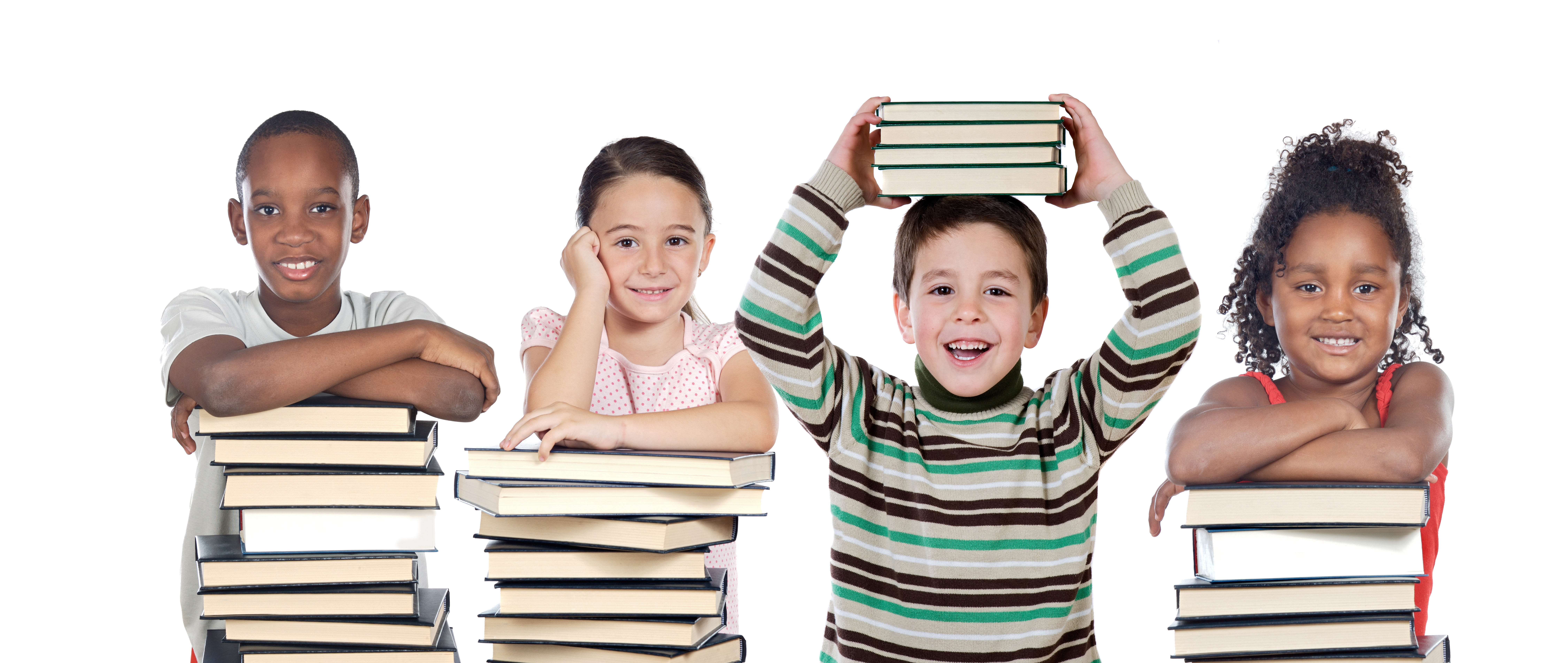 Four kids holding or leaning on books.