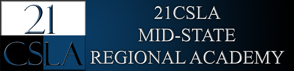21csla regional academy logo featuring the title in blue, black and white letters