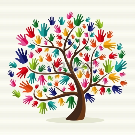 Tree with many hands in different colors in place of leaves.